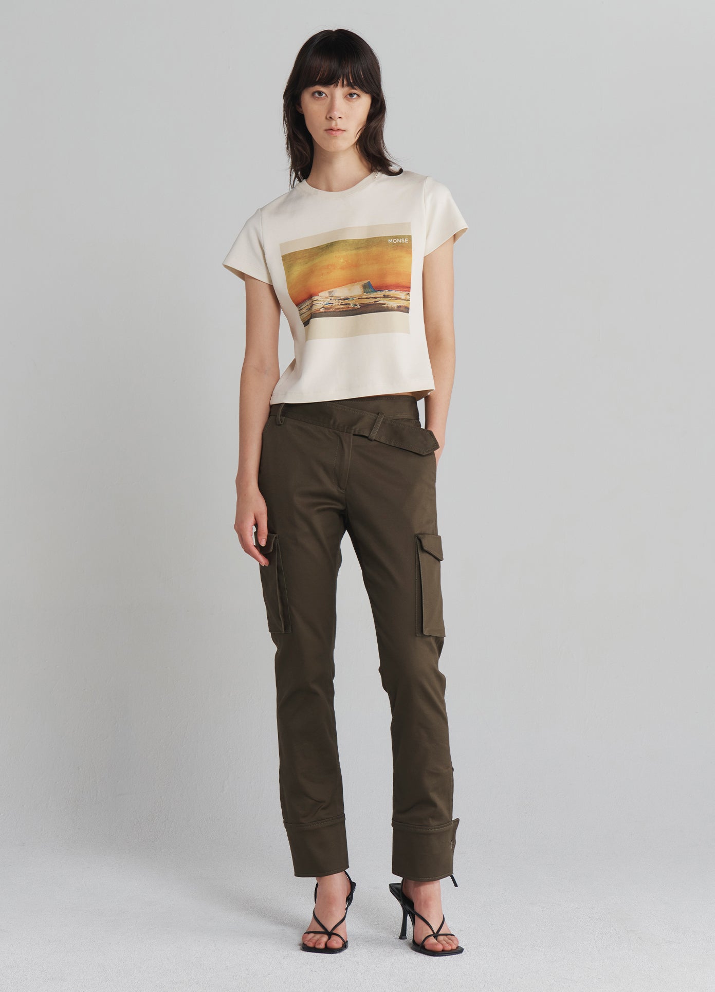 MONSE Slanted Waistband Cargo Pants in Olive on model full front view