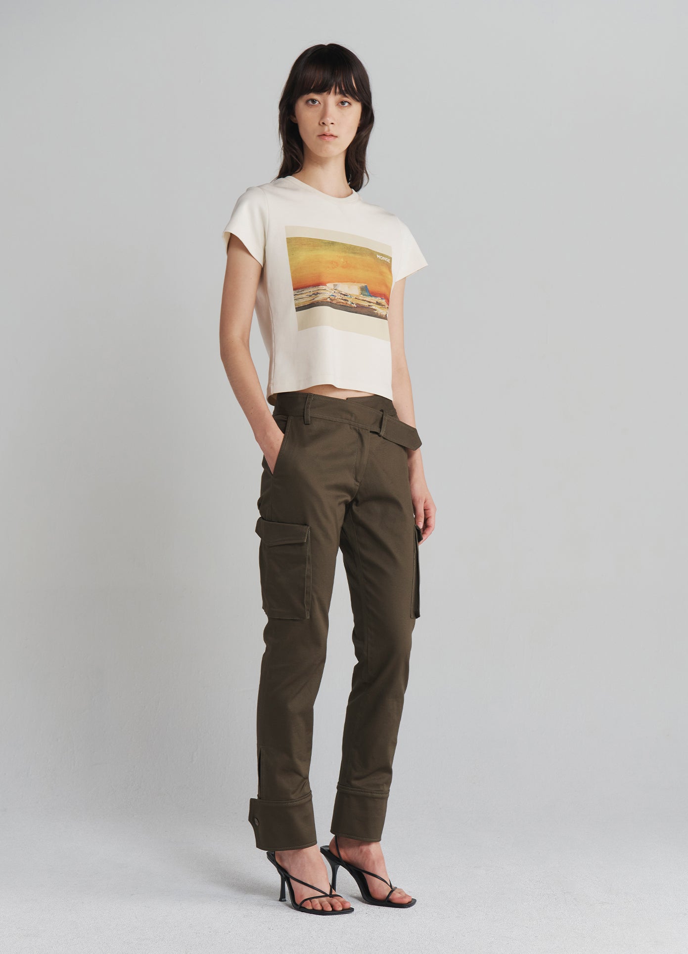 MONSE Slanted Waistband Cargo Pants in Olive on model full side view