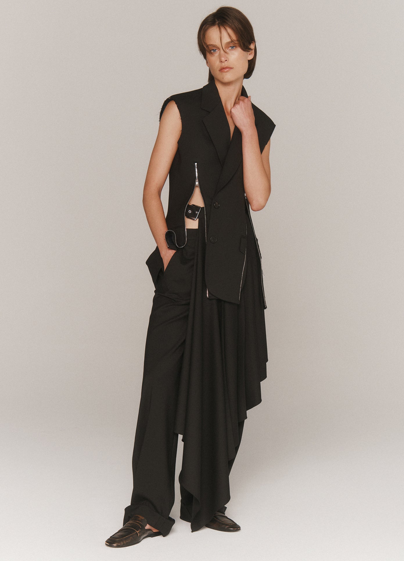 MONSE Slashed Zipper Tailored Vest in black on model lookbook image