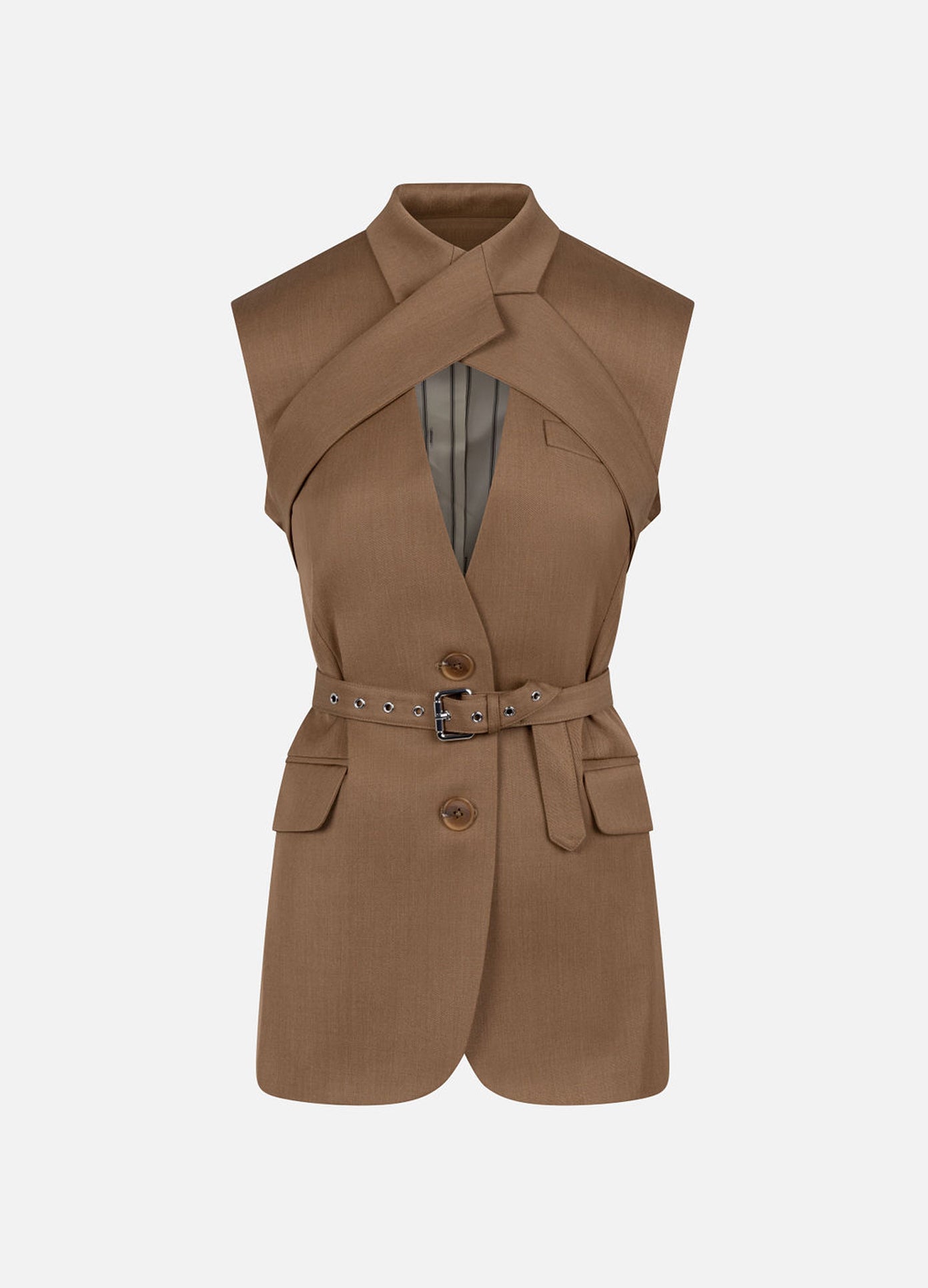 MONSE Sleeveless Criss Cross Jacket in beige flat front