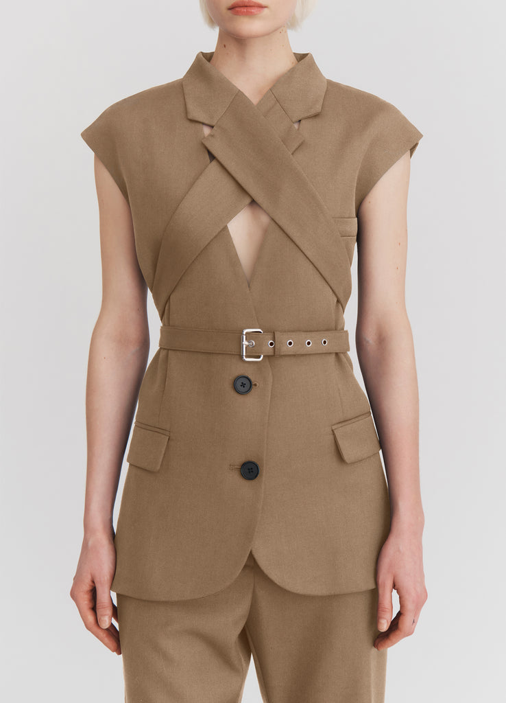 Sleeveless Criss Cross Jacket in Beige