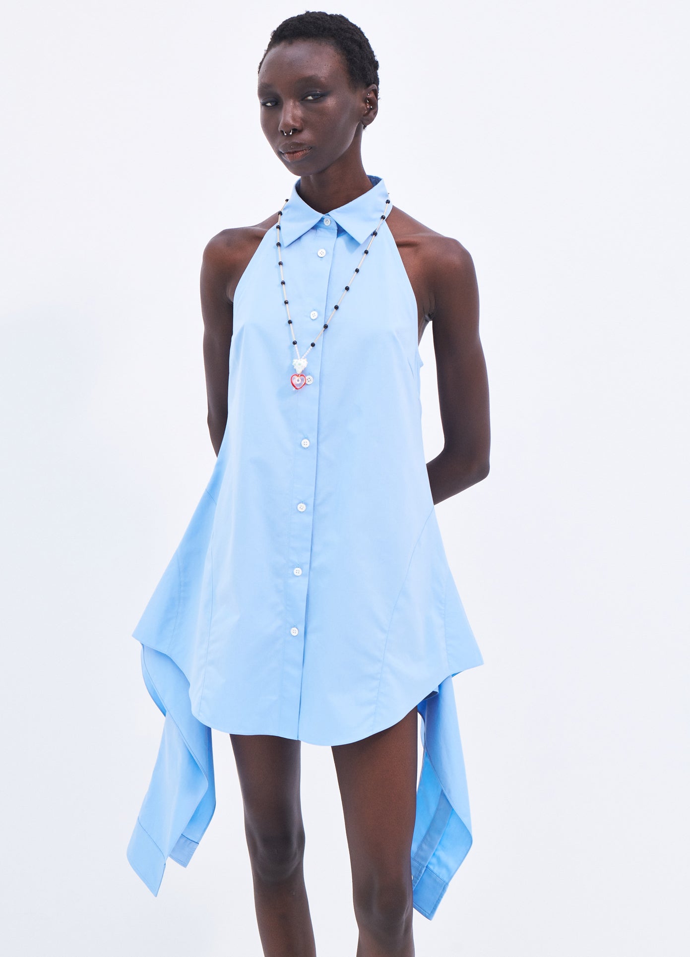MONSE Sleeveless Deconstructed Halter Shirt in Blue on model front view