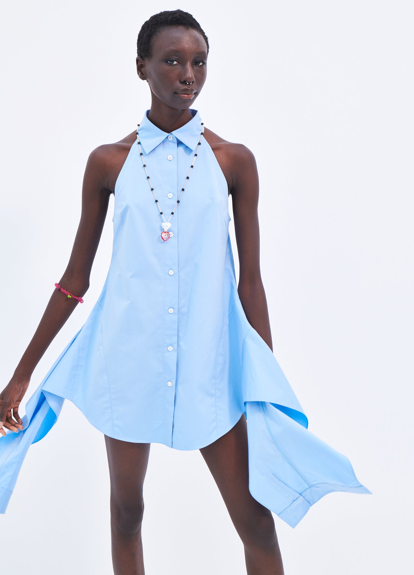 MONSE Sleeveless Deconstructed Halter Shirt in Blue on model styled front view