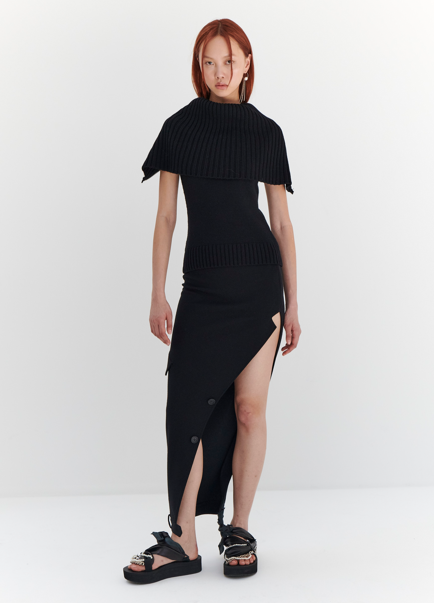 MONSE Sleeveless Double Collar Sweater in Black on model full front view