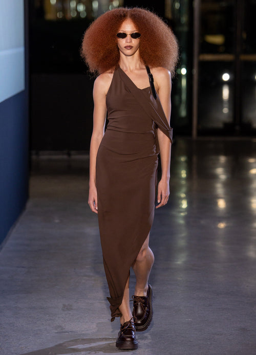 MONSE Soft Drape Cowl Midi Dress in teak on model walking runway