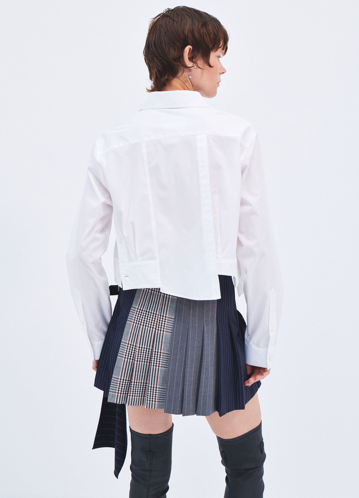 MONSE Spring 2024 Deconstructed Cropped Button Down in Ivory on model back view