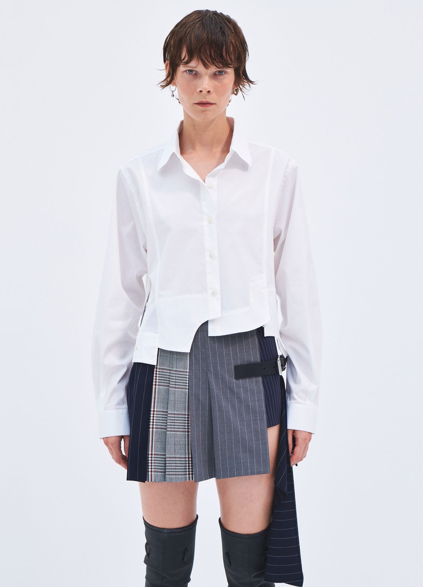MONSE Spring 2024 Deconstructed Cropped Button Down in Ivory on model front view