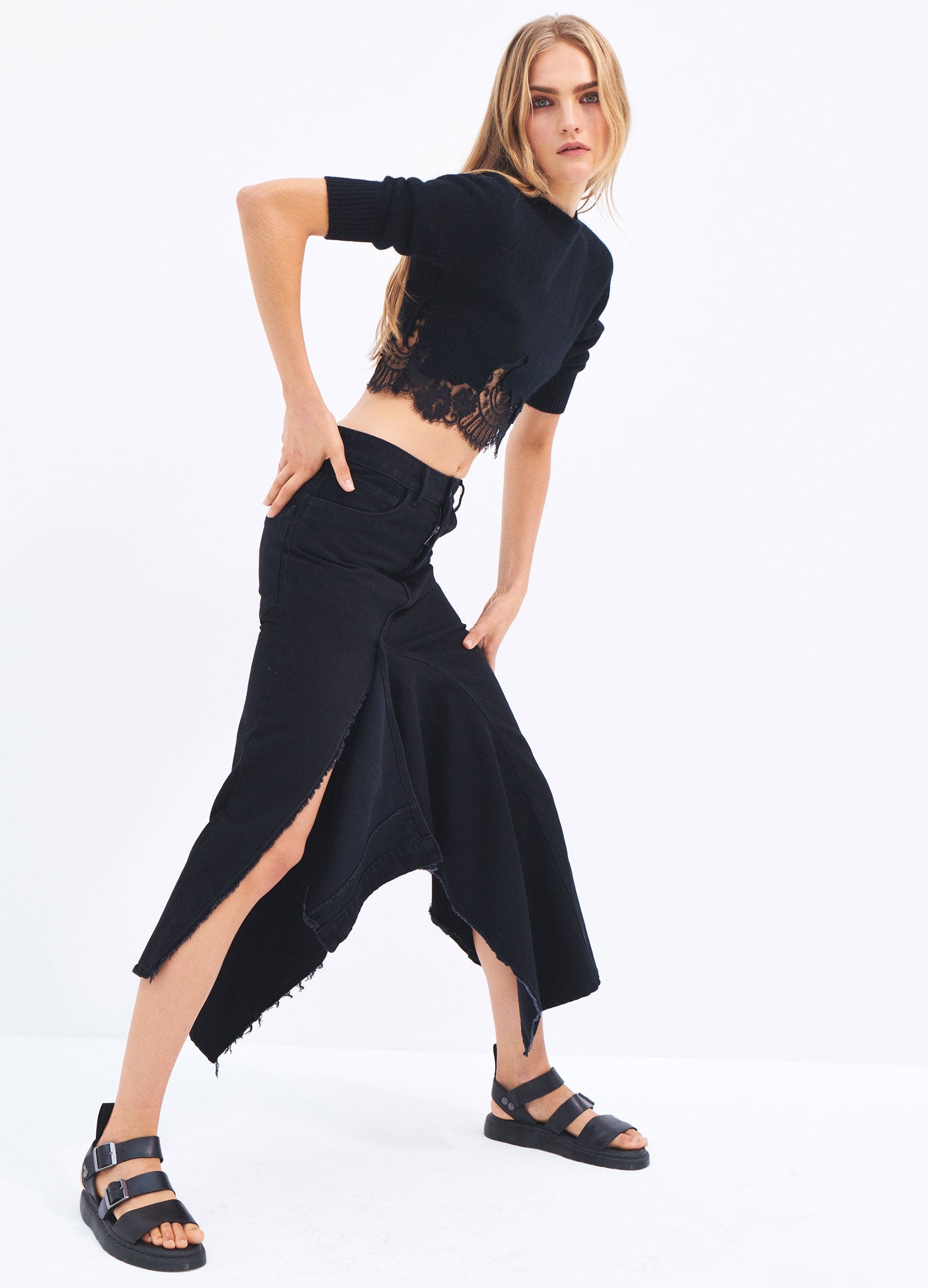 MONSE Spring 2024 Deconstructed Long Denim Skirt in Black on model full side view