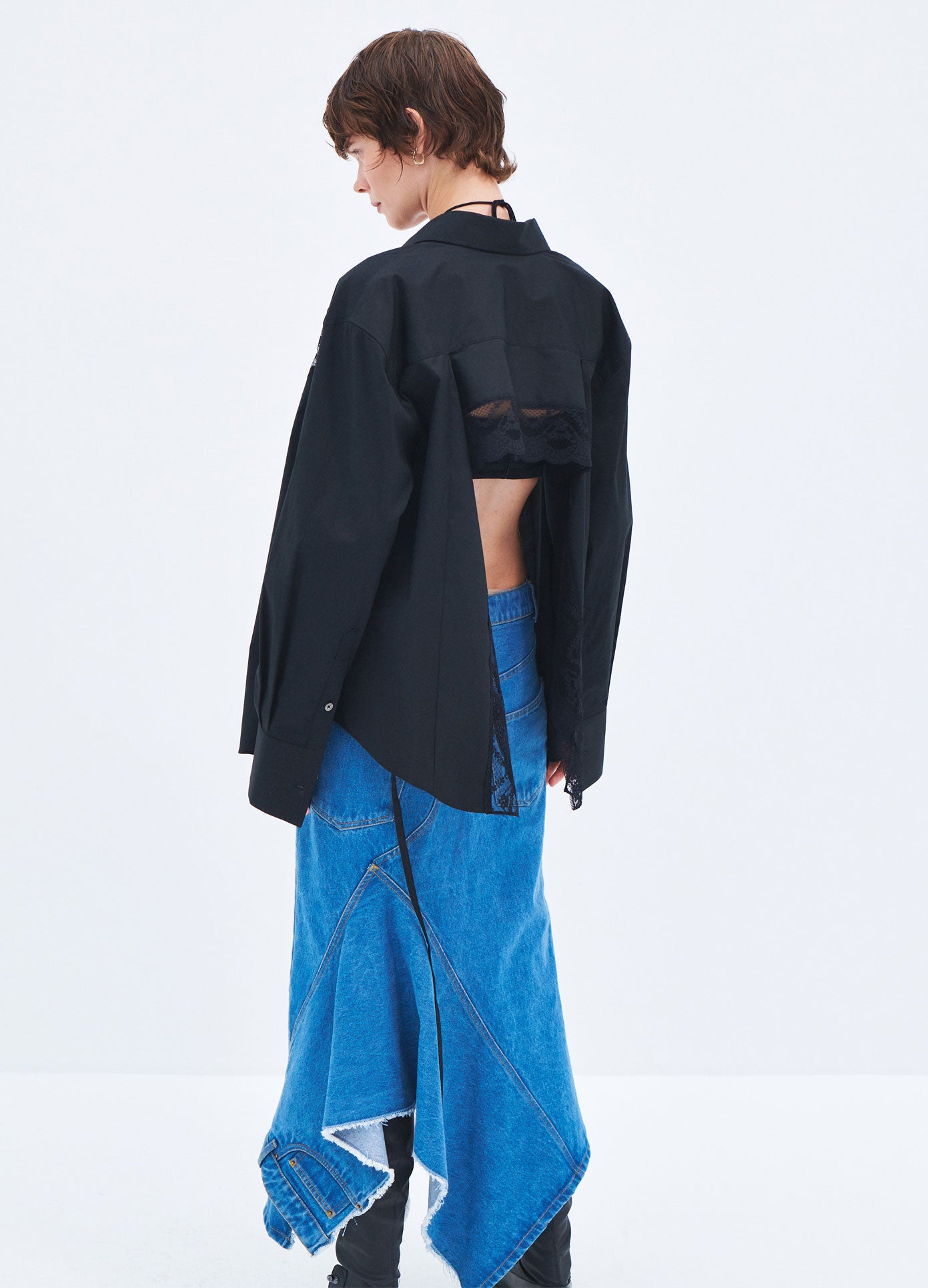MONSE Spring 2024 Deconstructed Long Denim Skirt in Indigo on model back view