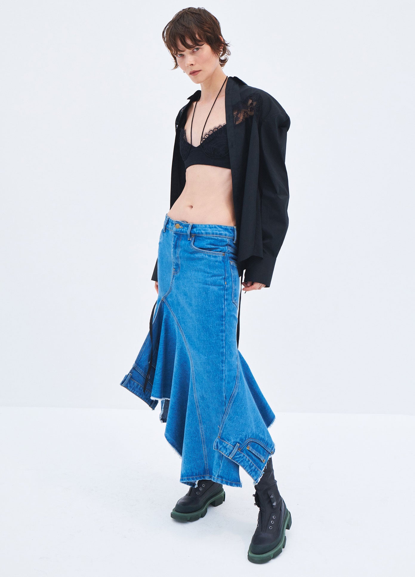 MONSE Spring 2024 Deconstructed Long Denim Skirt in Indigo on model side view