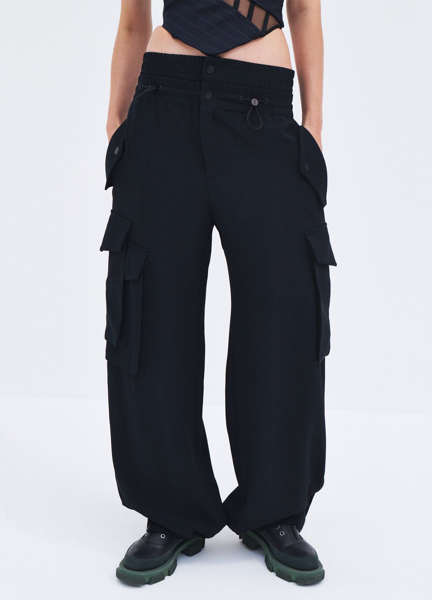 MONSE Spring 2024 Double Waistband Cargo Pants in Black on model front bottoms view