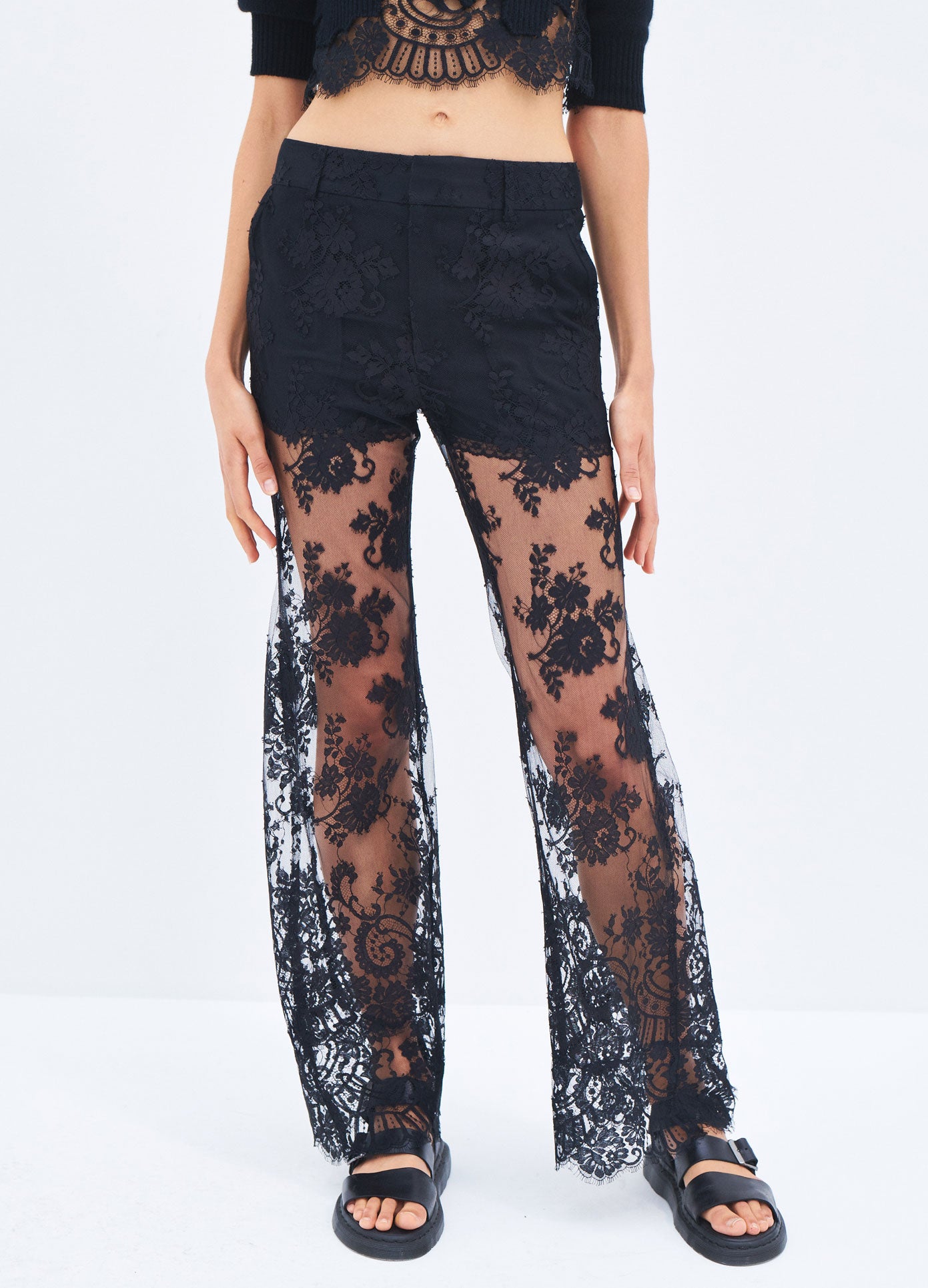 MONSE Spring 2024 Floral Lace Pant in Black on model front bottoms view