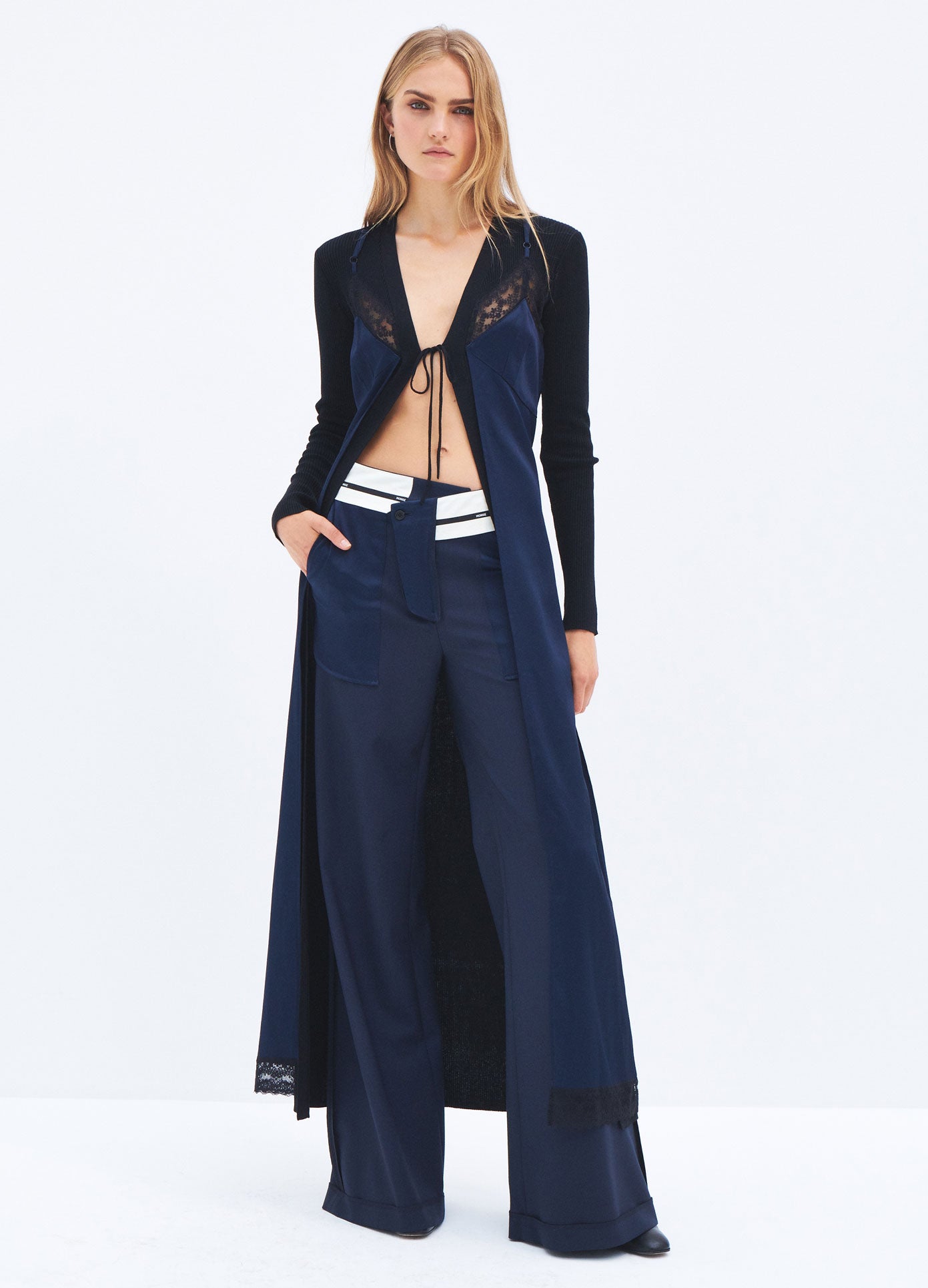 MONSE Spring 2024 Inside Out Tailored Trousers in Midnight on model full front view