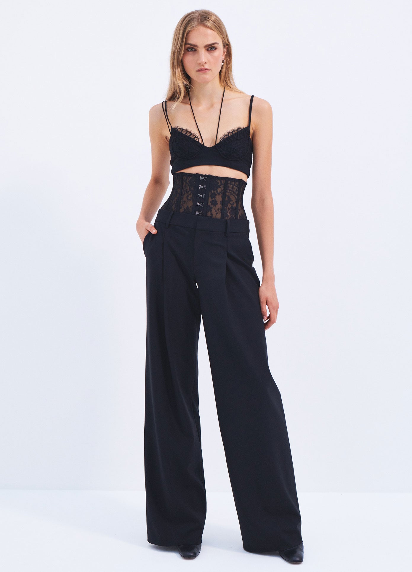 MONSE Spring 2024 Lace Bustier Trousers in Black on model full front view