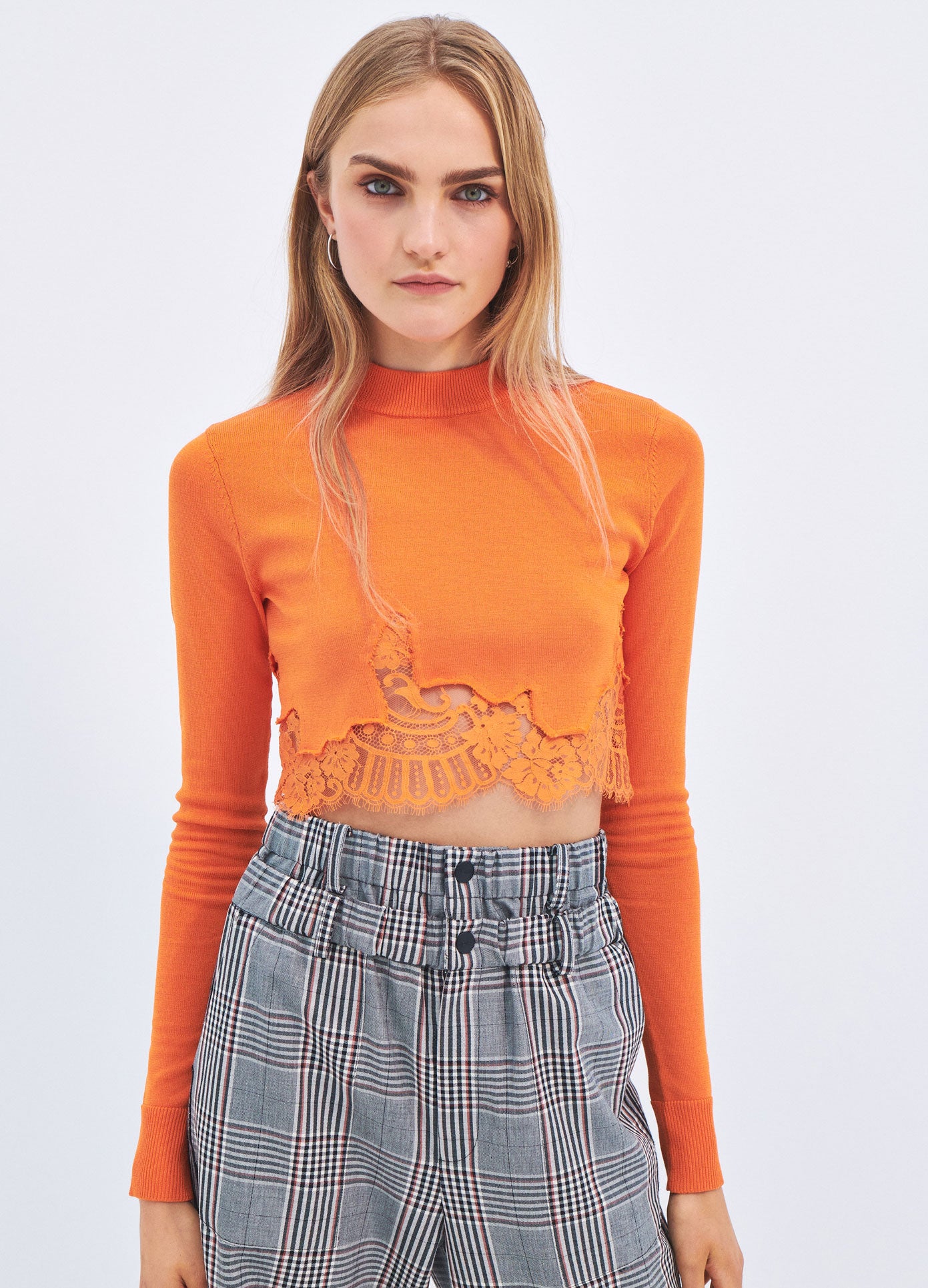 MONSE Spring 2024 Lace Hem Cropped Sweater in Orange on model front view