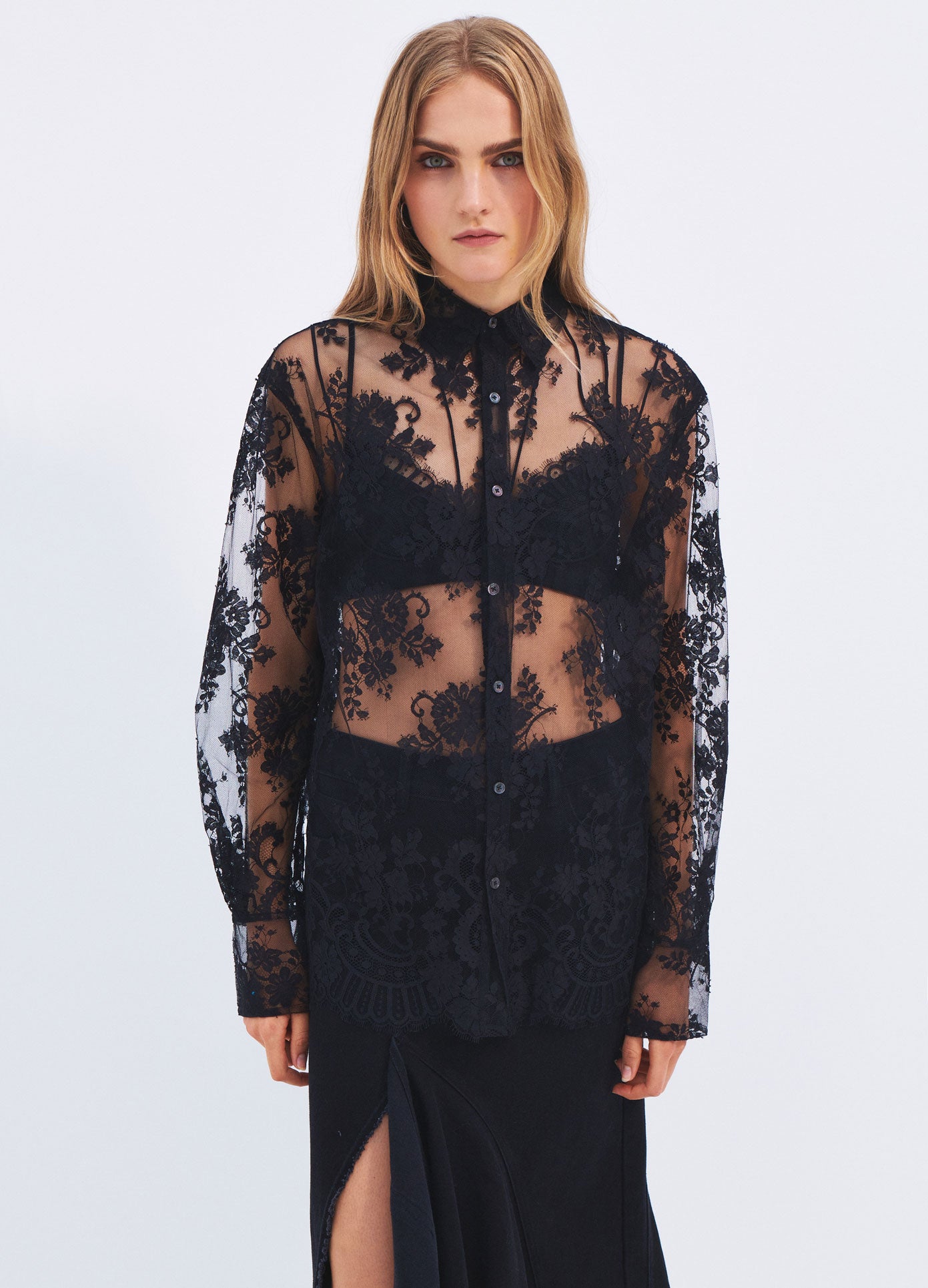MONSE Spring 2024 Lace Open Back Detail Blouse in Black on model front view