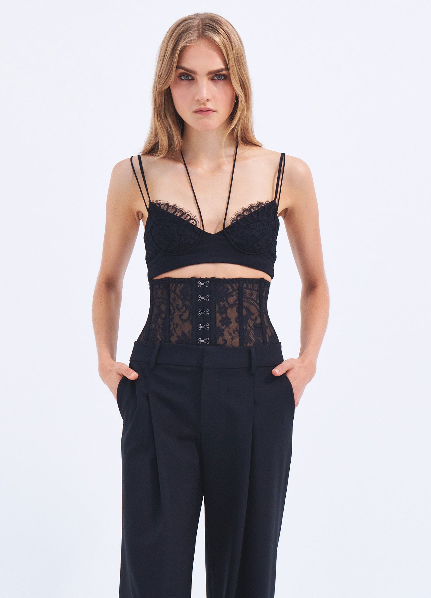 MONSE Spring 2024 Lace Tie Strap Bralette in Black on model front view