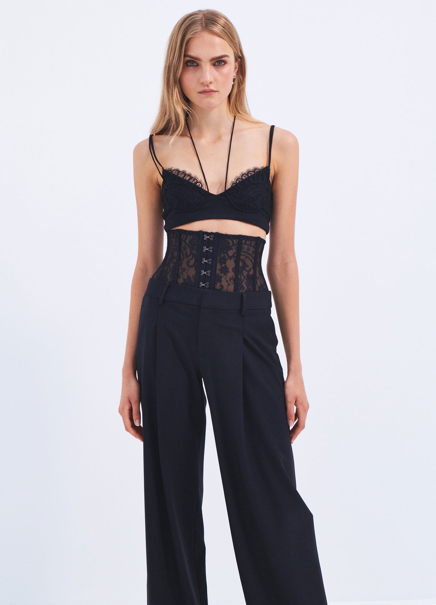 MONSE Spring 2024 Lace Tie Strap Bralette in Black on model full front view