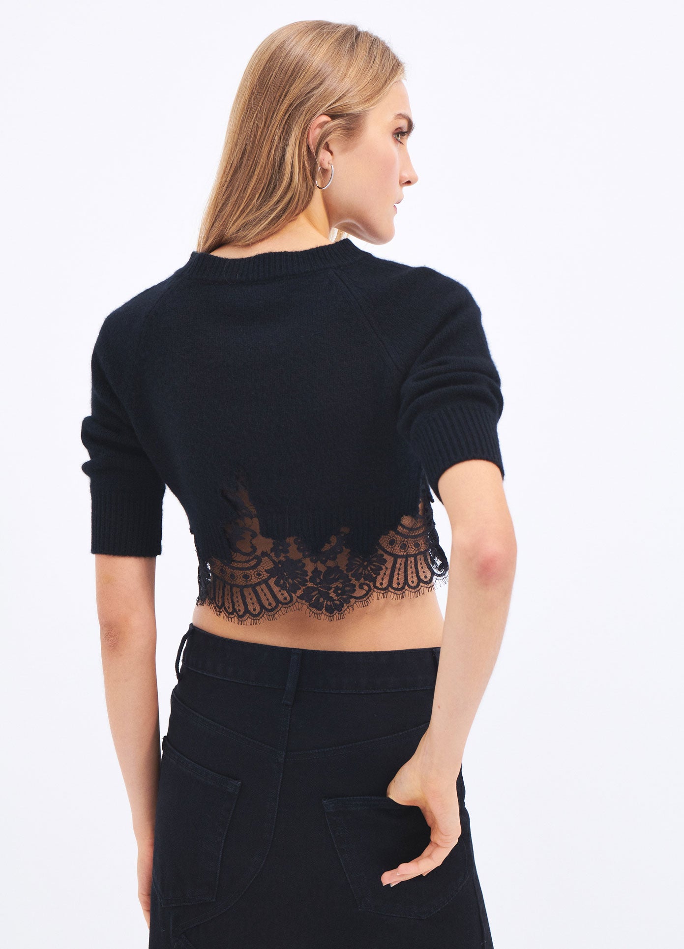 MONSE Spring 2024 Short Sleeve Hem Sweater in Black on model back view