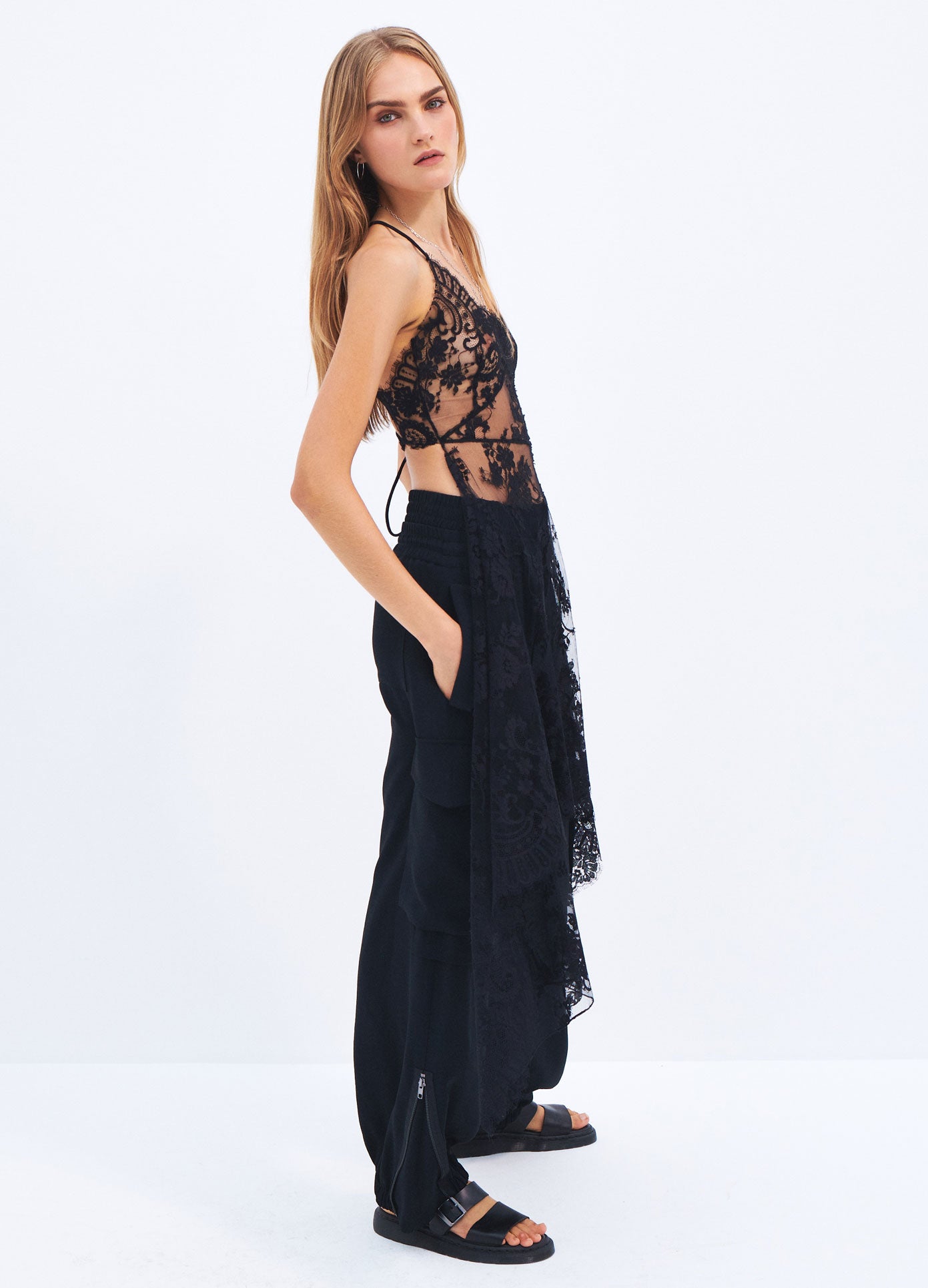 MONSE Spring 2024 Tie Back Lace Top in Black on model side view