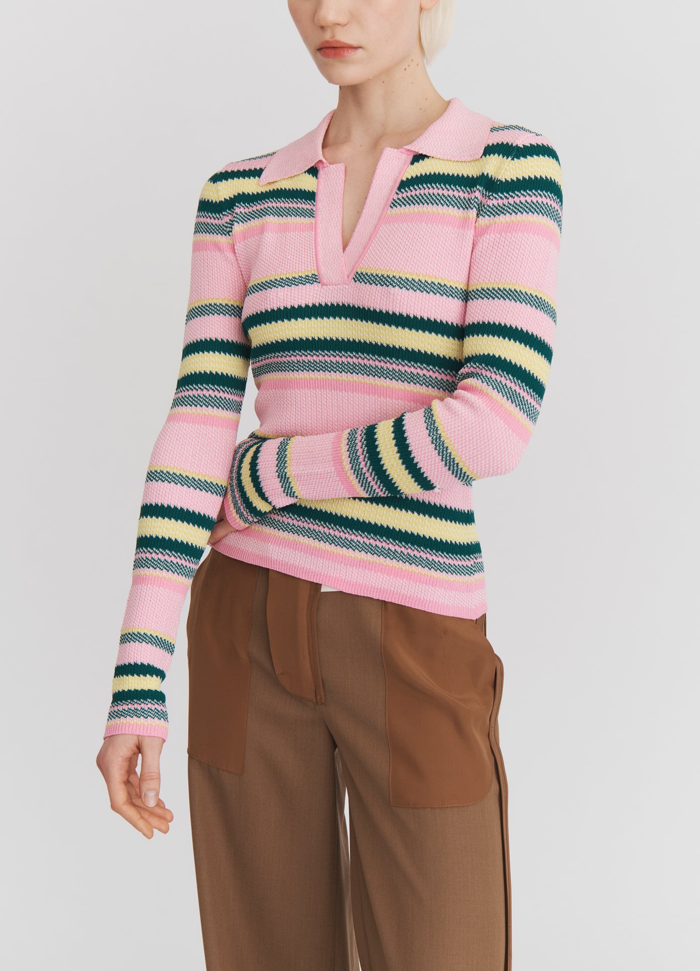 MONSE Spring 2025 Striped Jacquard Top in Pink and Blue Stripe on model front view