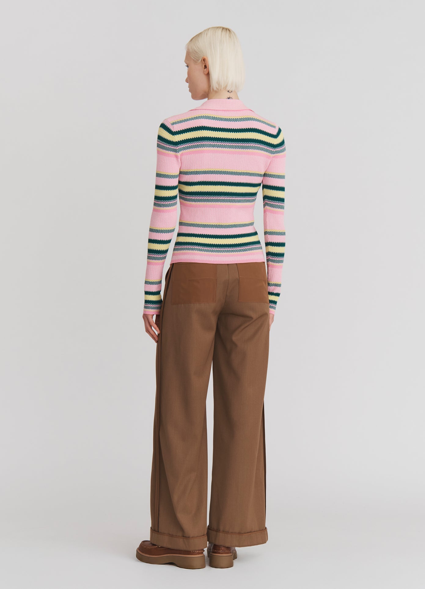 MONSE Spring 2025 Striped Jacquard Top in Pink and Blue Stripe on model full back view