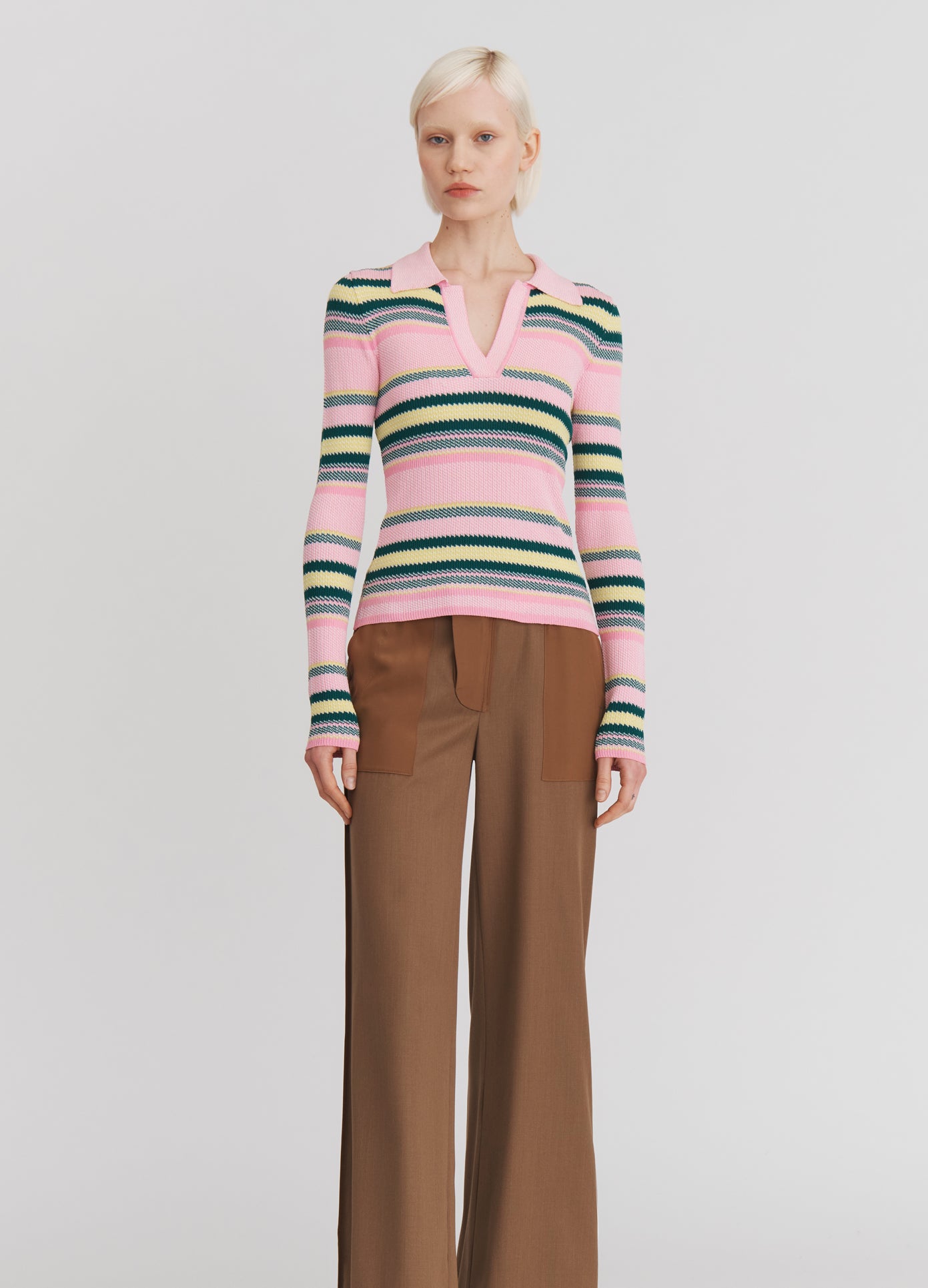 MONSE Spring 2025 Striped Jacquard Top in Pink and Blue Stripe on model full front view