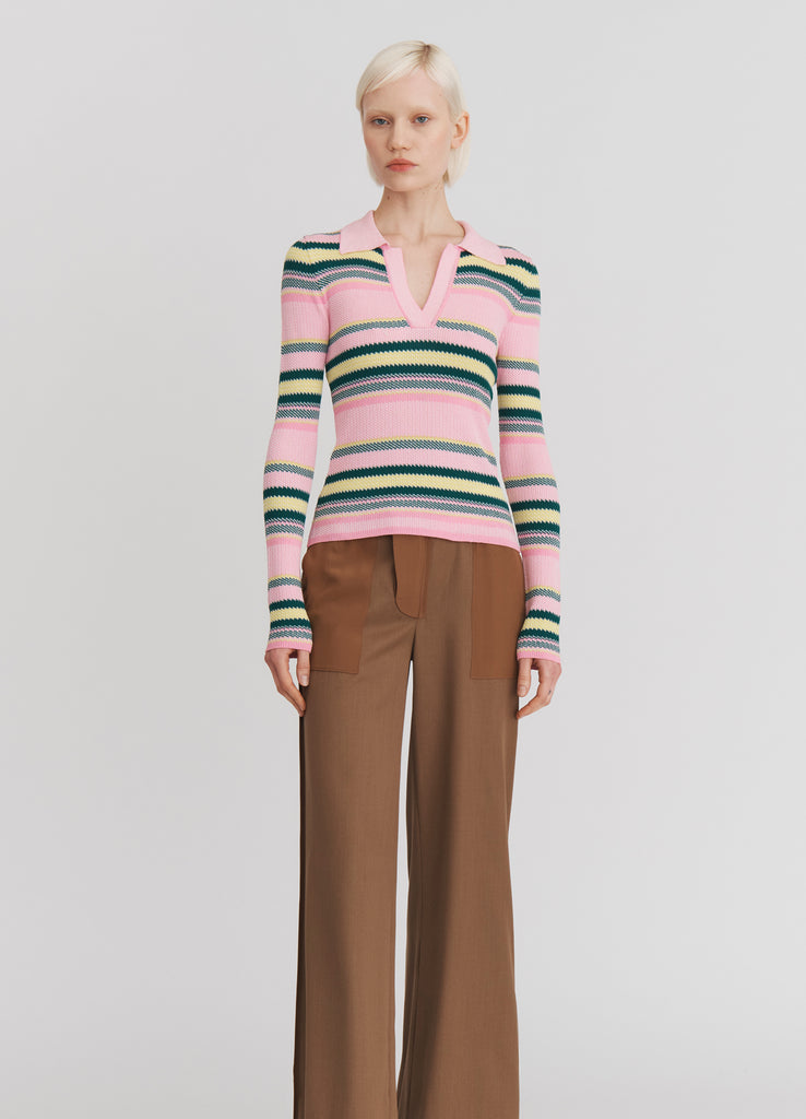 Striped Jacquard Top in Pink Stripe With Deep V-Neck
