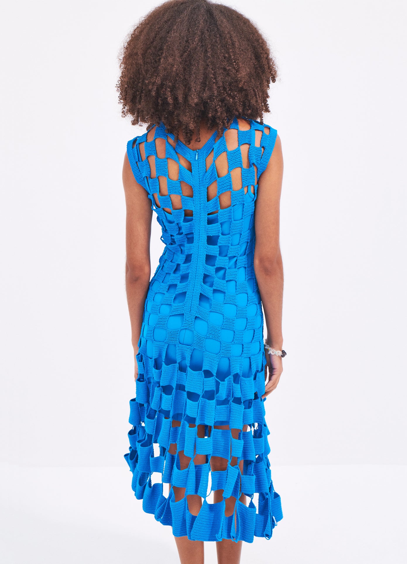 MONSE Square Crochet Dress in Blue on model back view