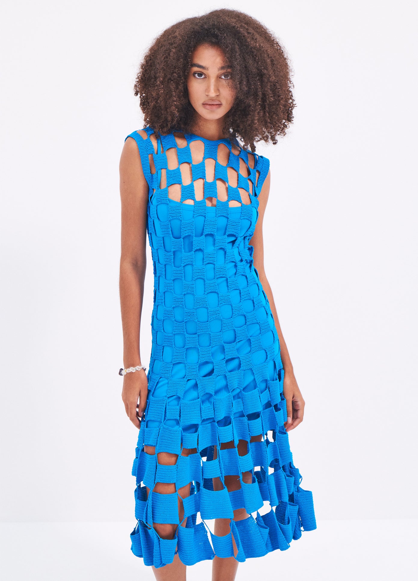 MONSE Square Crochet Dress in Blue on model front detail view