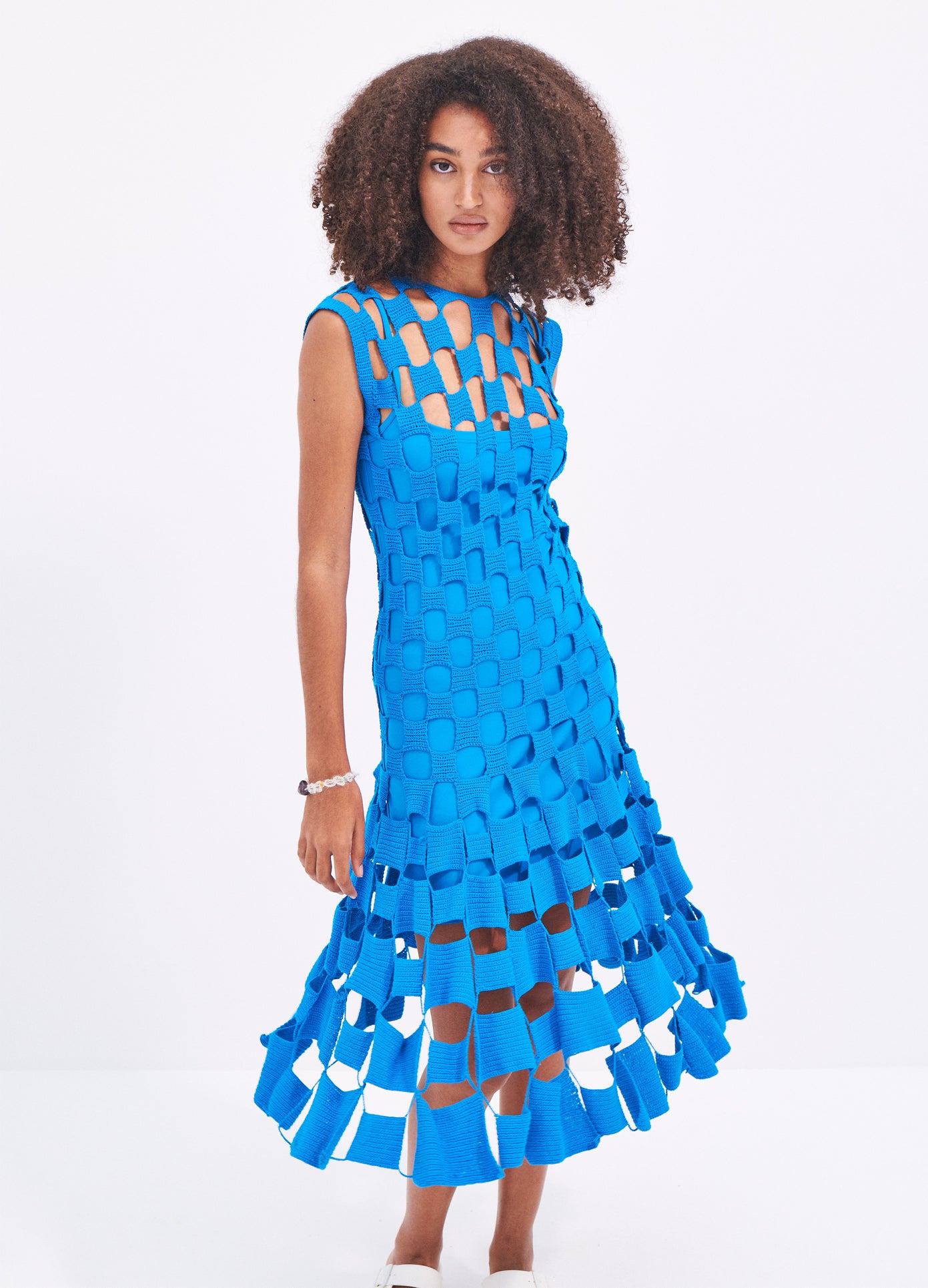 MONSE Square Crochet Dress in Blue on model full front view