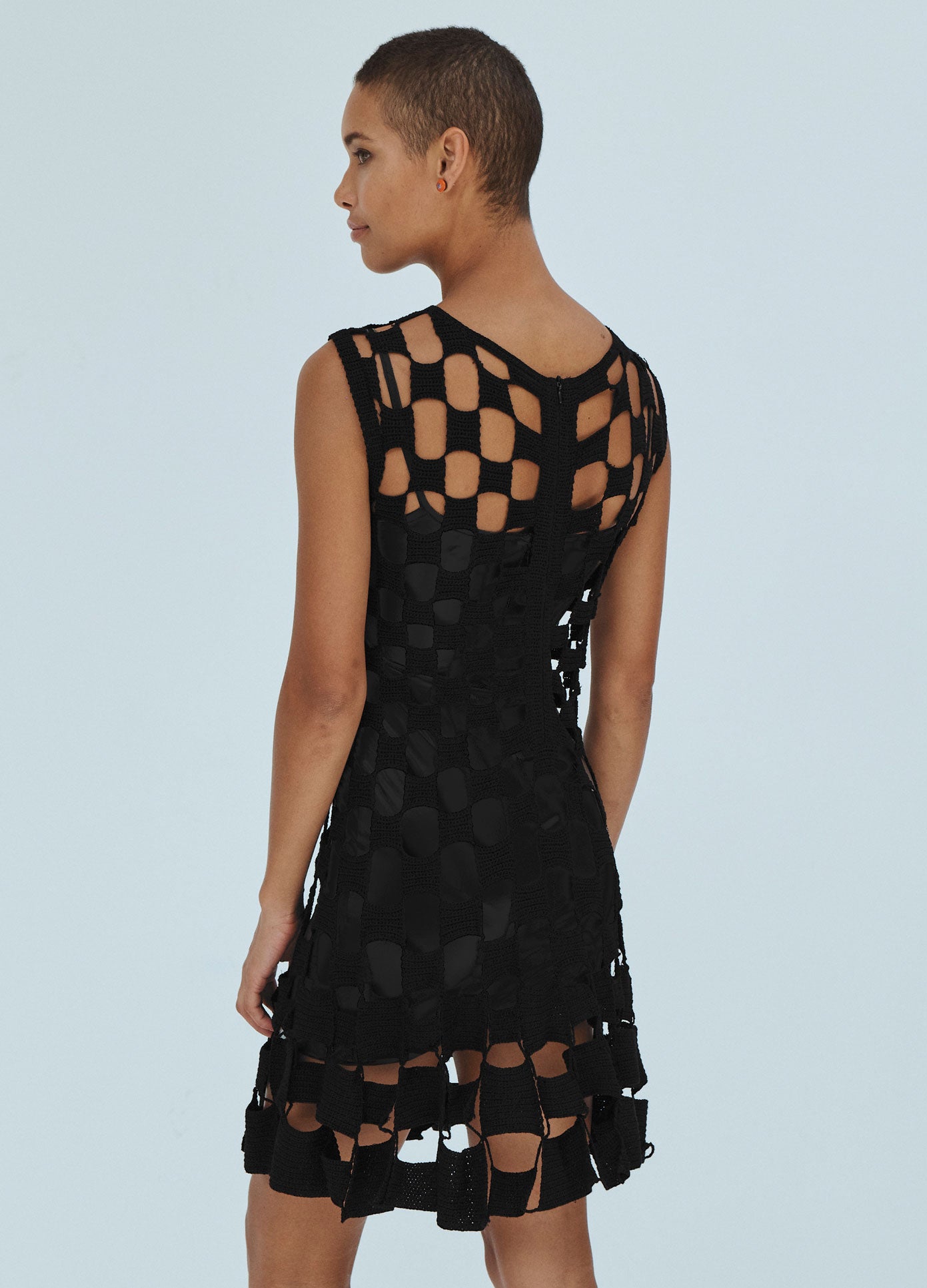 MONSE Square Crochet Mini Dress in Black on model back view