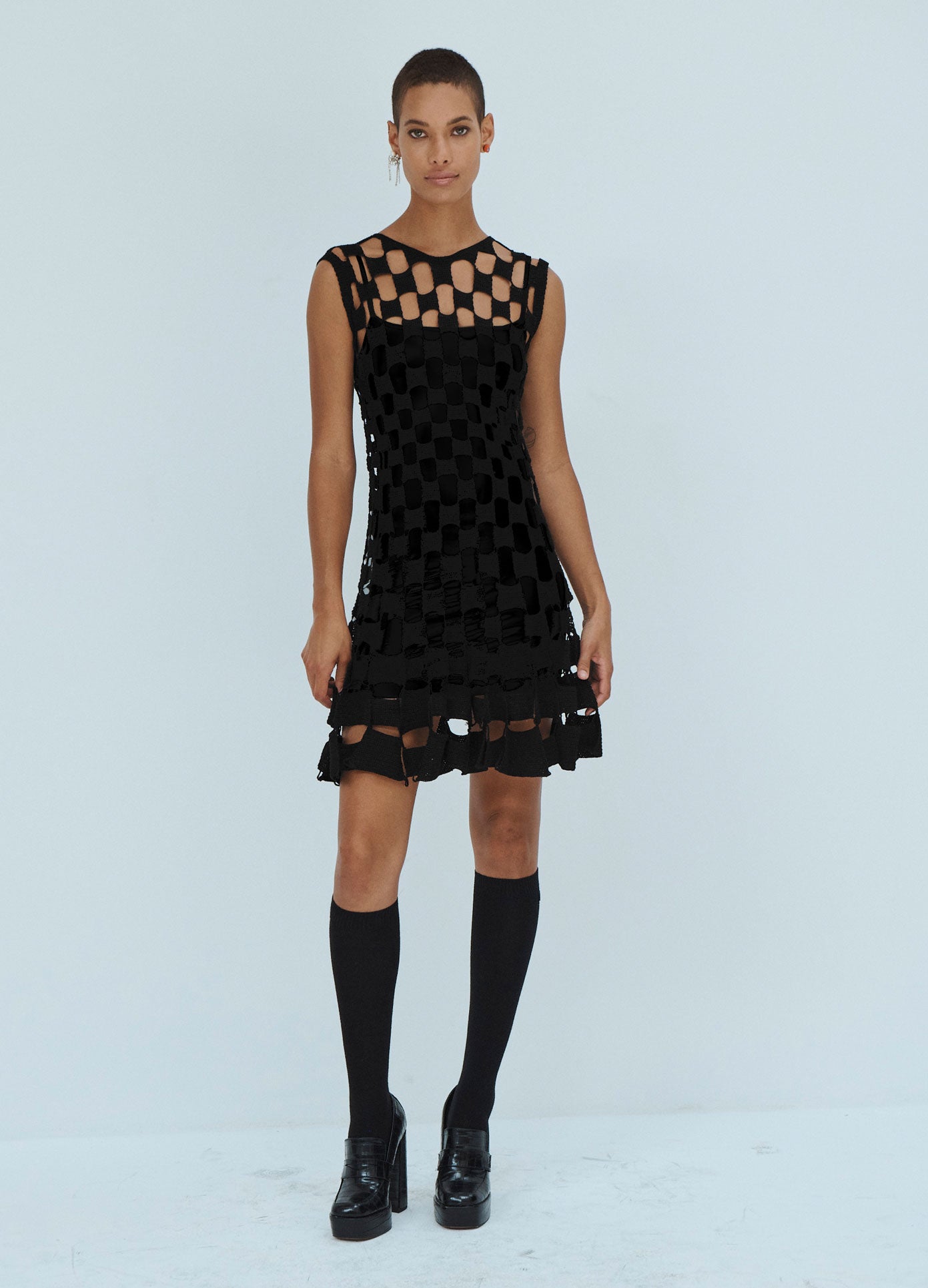 MONSE Square Crochet Mini Dress in Black on model full front view
