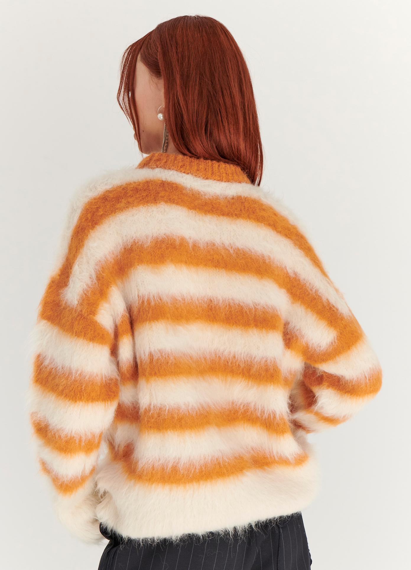 MONSE Striped Alpaca Sweater in White and Orange on model back detail view