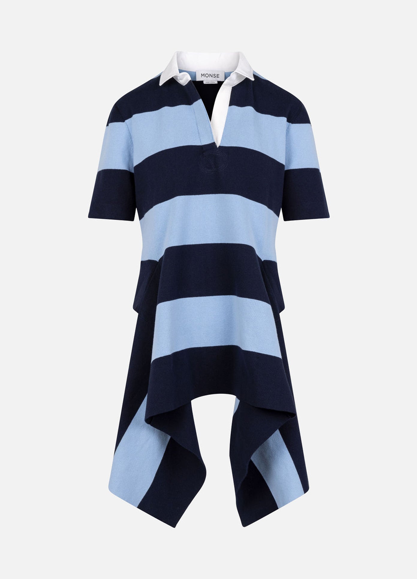 MONSE Striped Cascade Half Placket Knitted Top in navy stripe flat front