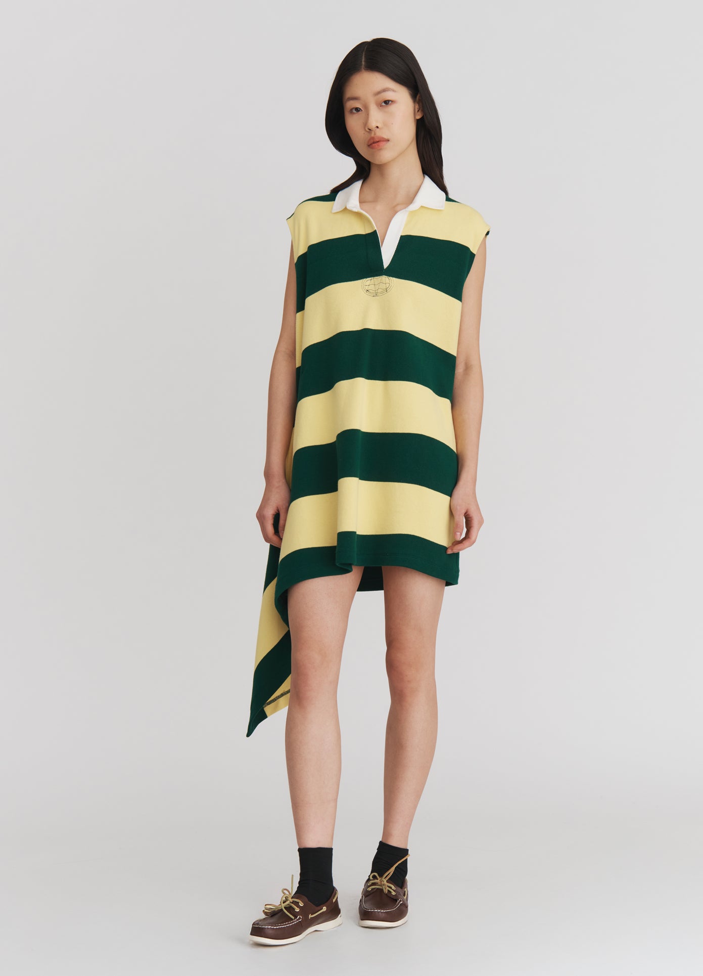 MONSE Striped Cascade Placket Knitted Mini Dress in Eden Stripe on model alternate full front view