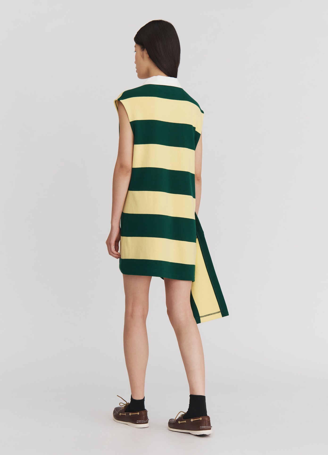 MONSE Striped Cascade Placket Knitted Mini Dress in Eden Stripe on model full back view