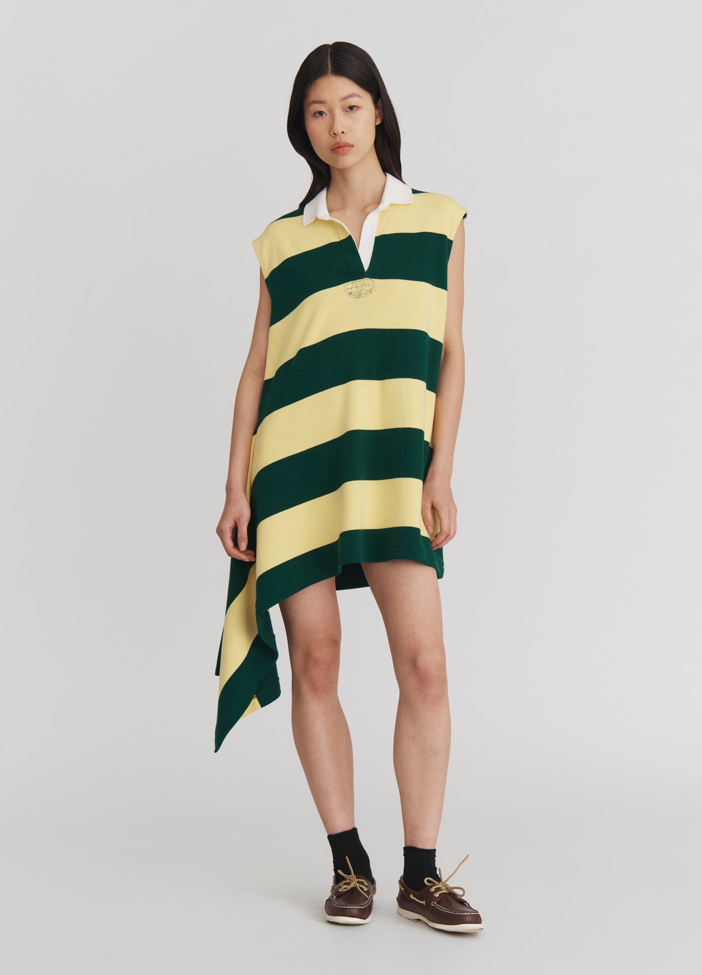 MONSE Striped Cascade Placket Knitted Mini Dress in Eden Stripe on model full front view