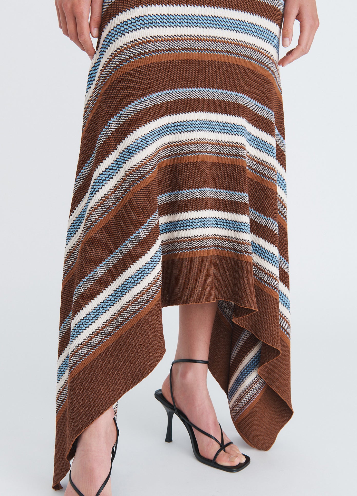 MONSE Striped Jacquard Cascade Midi Skirt in brown multi on model front view
