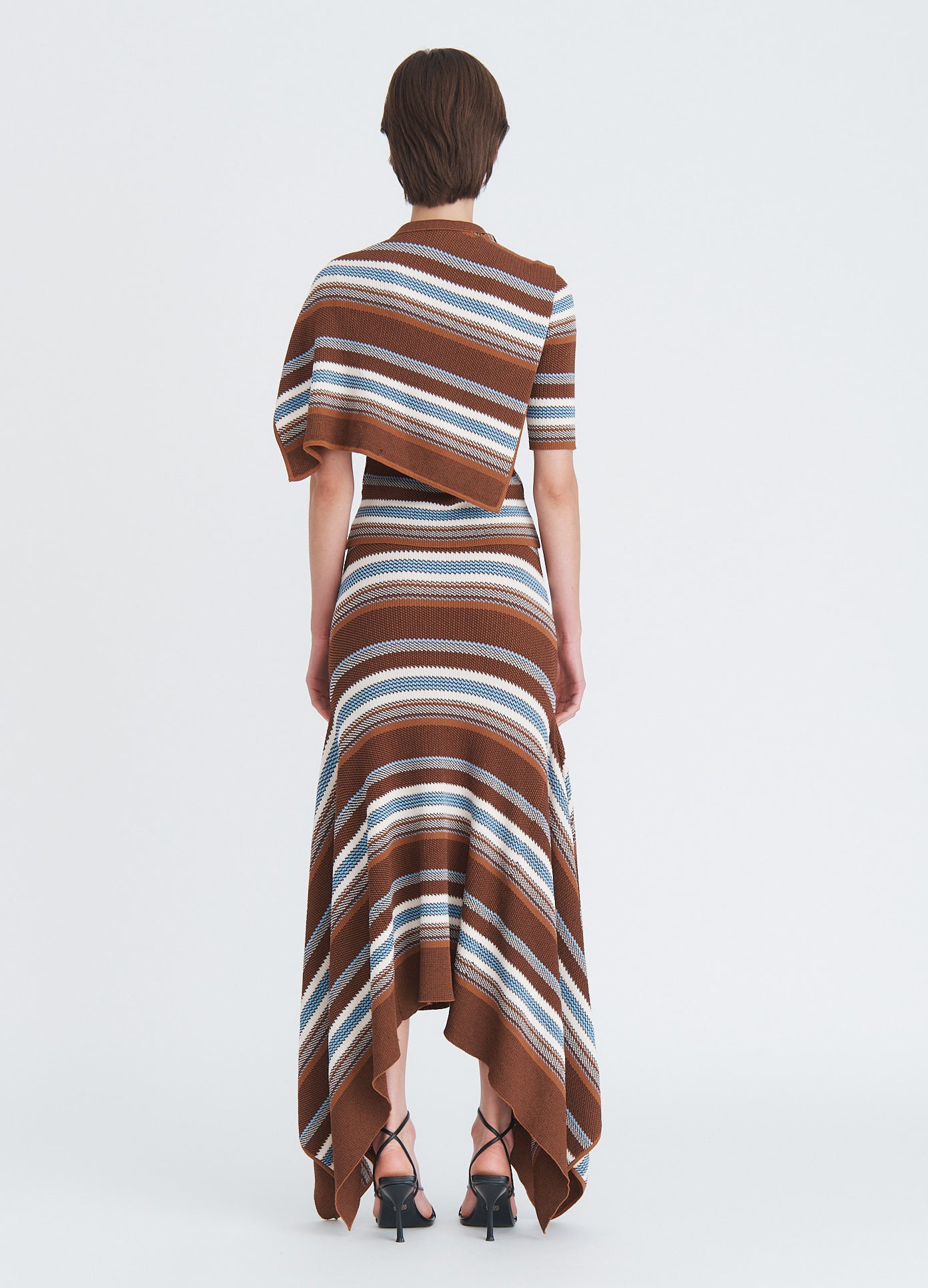 MONSE Striped Jacquard Cascade Midi Skirt in brown multi on model full back view