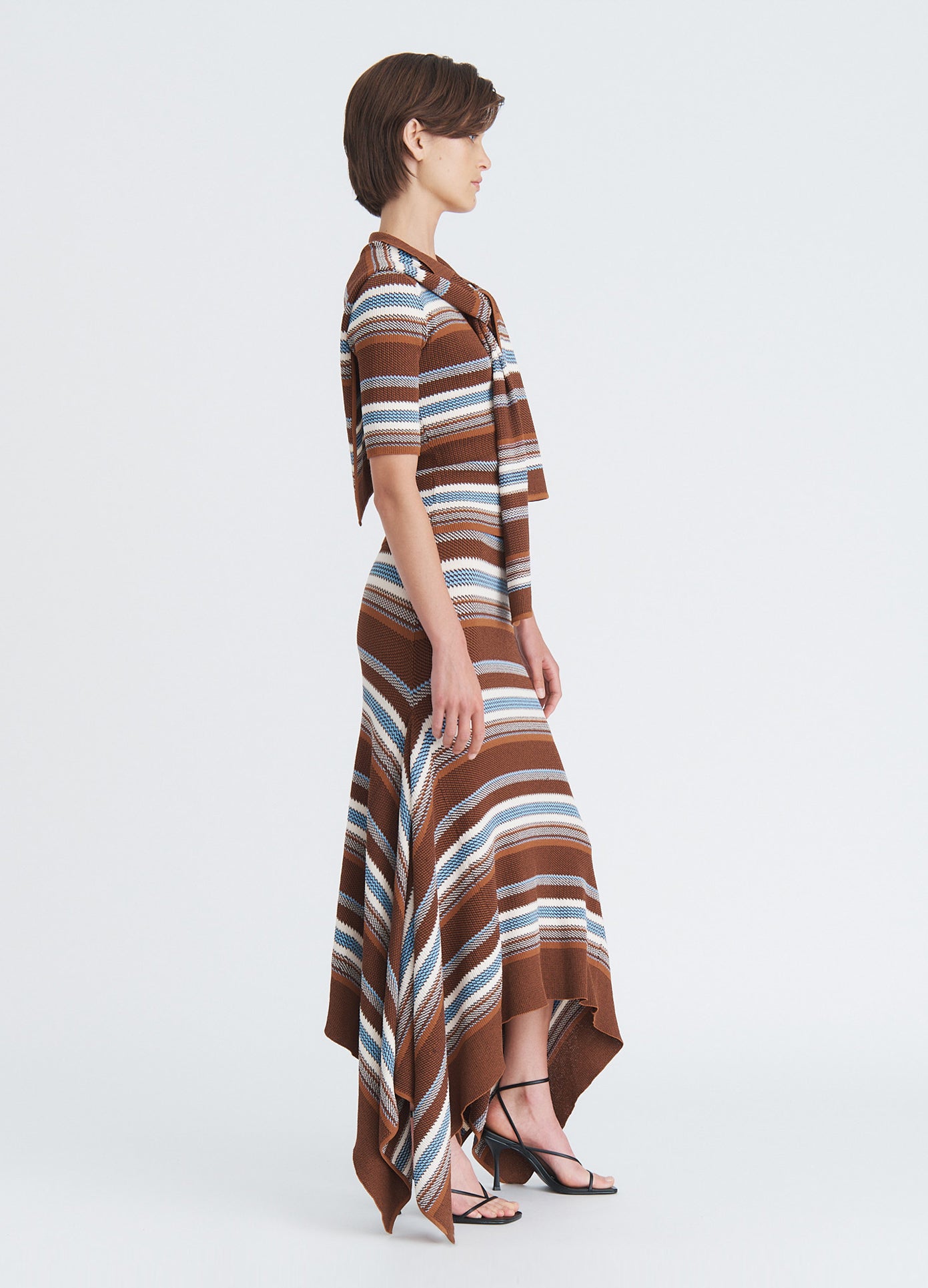MONSE Striped Jacquard Cascade Midi Skirt in brown multi on model full side view