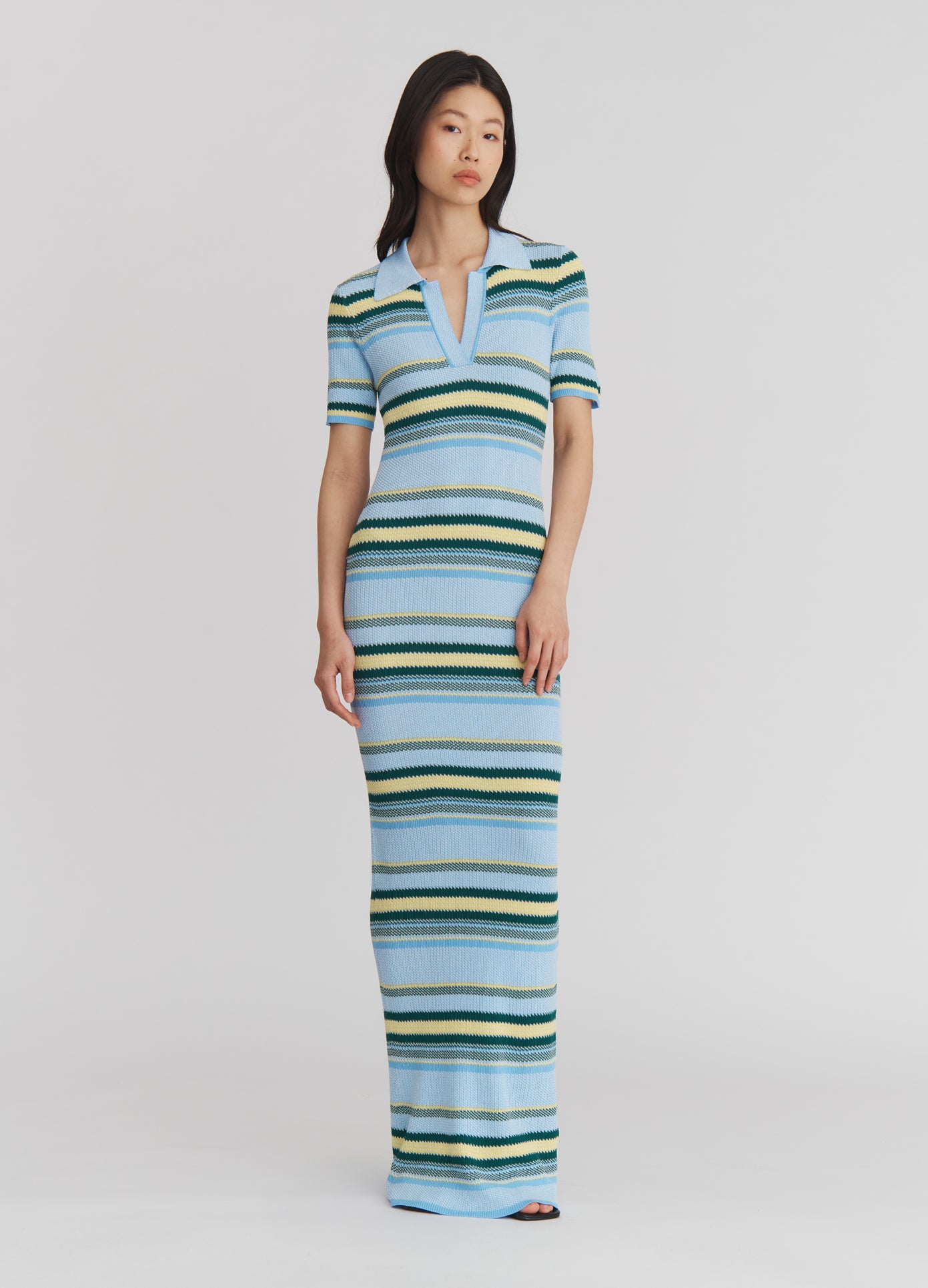 MONSE Striped Jacquard Maxi Dress in Blue Stripe on model alternate full front view