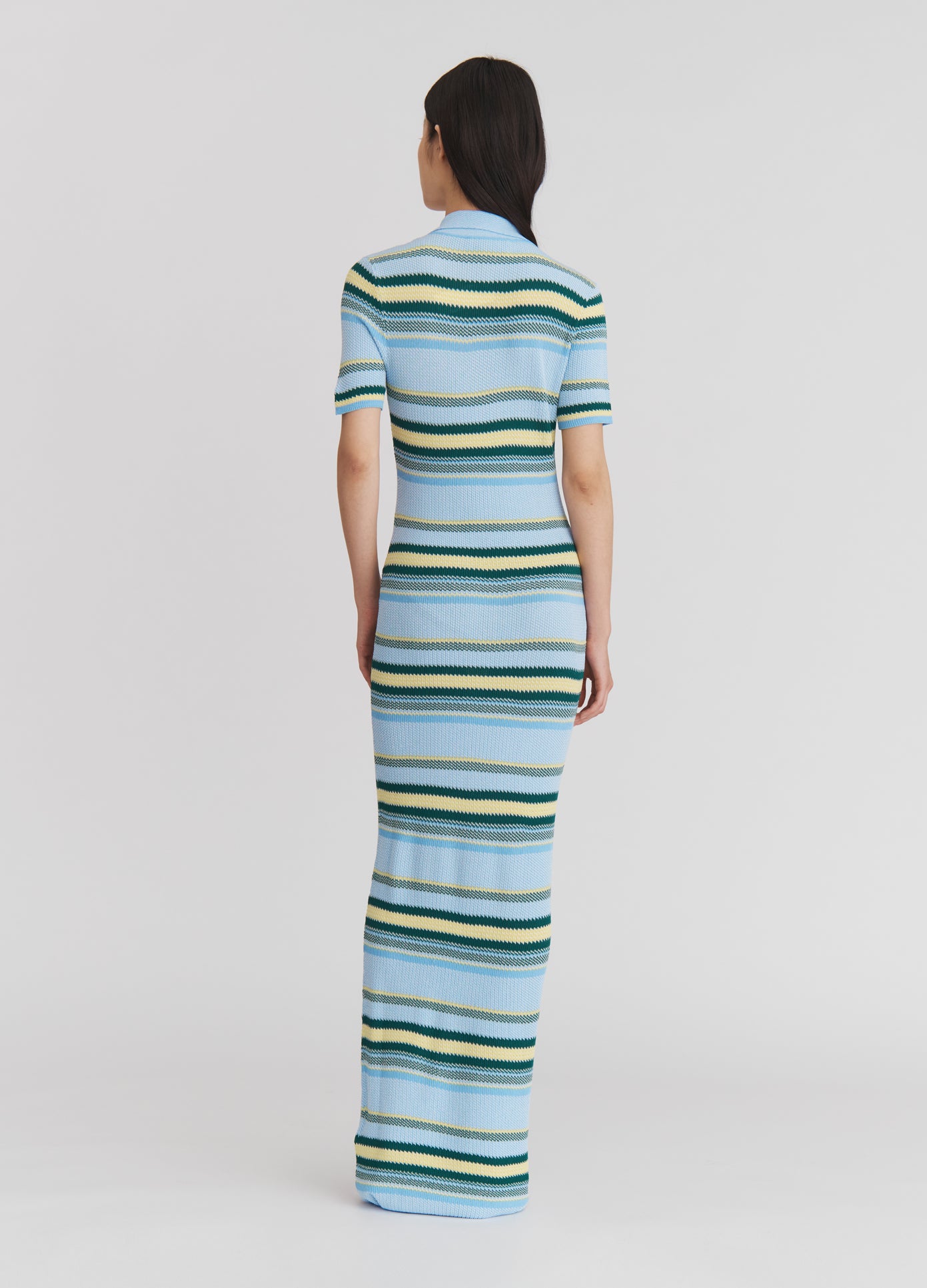 MONSE Striped Jacquard Maxi Dress in Blue Stripe on model full back view