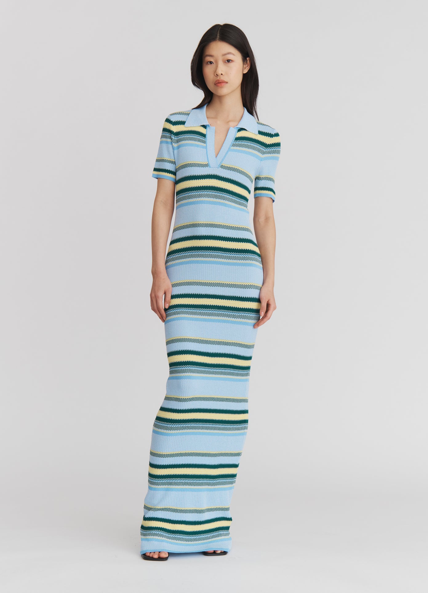 MONSE Striped Jacquard Maxi Dress in Blue Stripe on model full front view