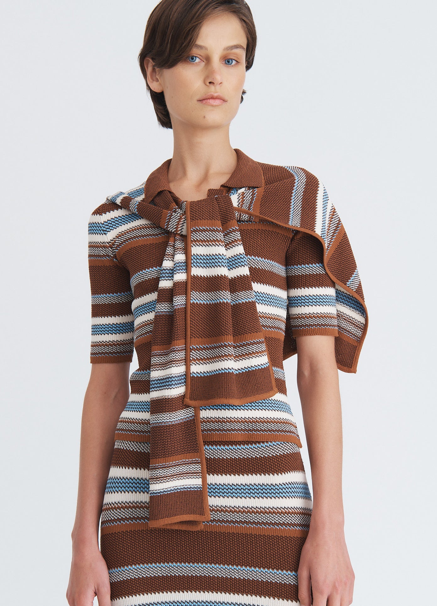 MONSE Striped Jacquard Top and Scarf in Brown Multi on model front view