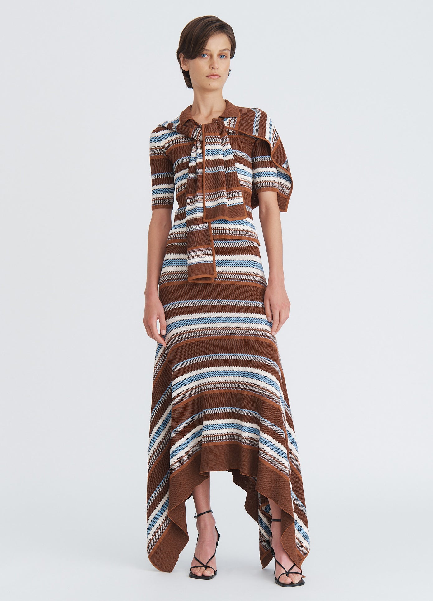 MONSE Striped Jacquard Top and Scarf in Brown Multi on model full front view