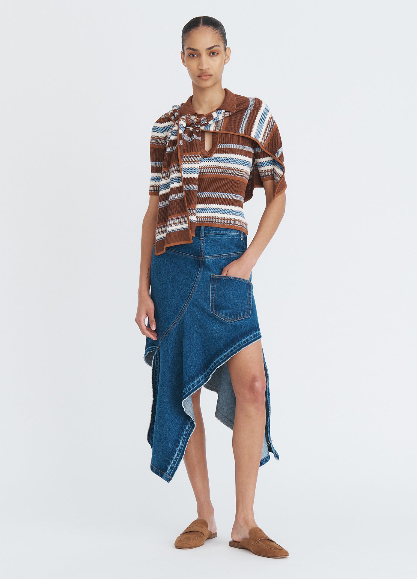MONSE Striped Jacquard Top and Scarf in Brown Multi on model wearing denim skirt