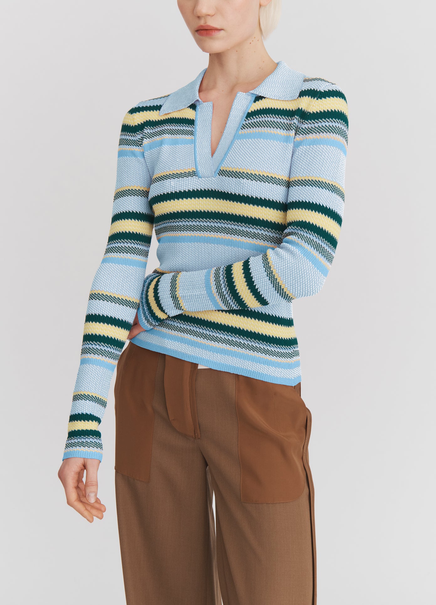 MONSE Striped Jacquard Top in Blue Stripe on model front view