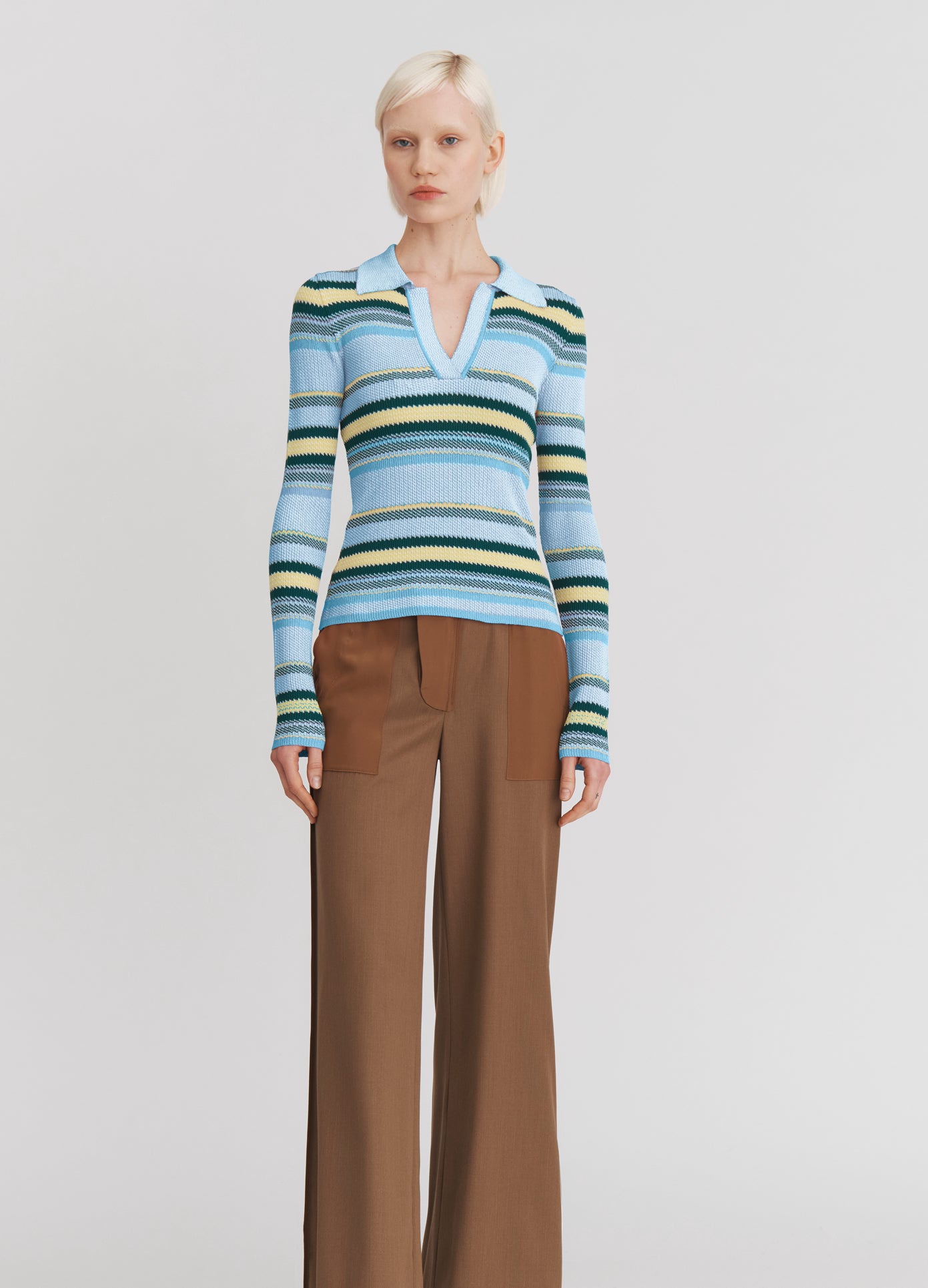 MONSE Striped Jacquard Top in Blue Stripe on model full front view