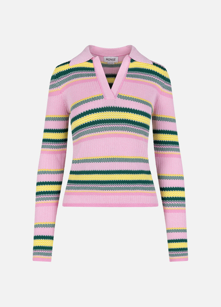 【HI FI FNK】(W) Mone Striped Layered Top Striped Jacquard Top in Pink Stripe With Deep V-Neck